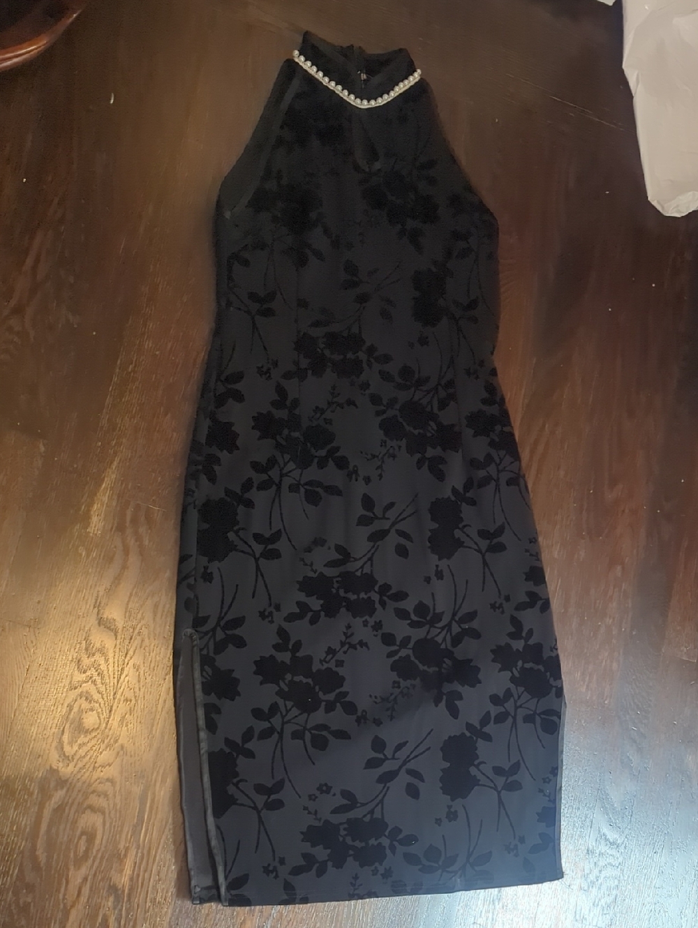 Black Floral Velvet High-Neck Dress with Pearled Trim